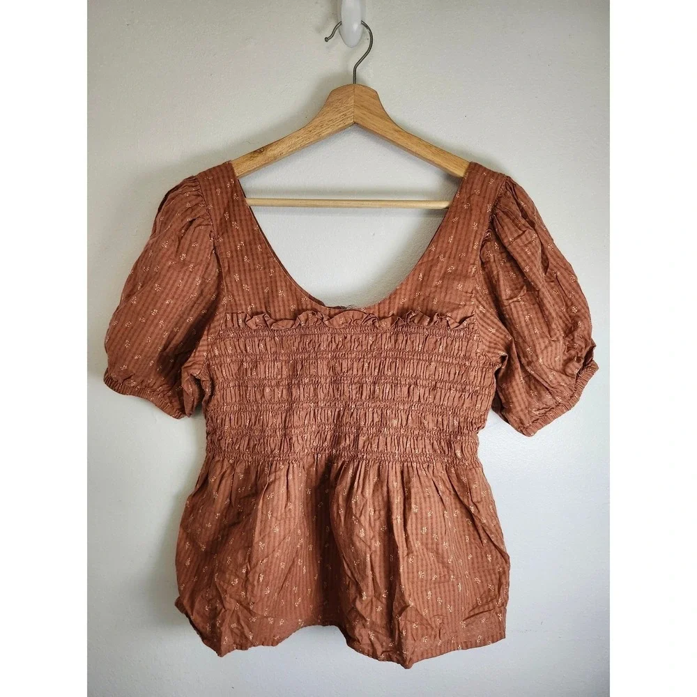 Madewell Brown‎ Smocked Puff Sleeve Peplum Top Size 6 Cottagecore Boho